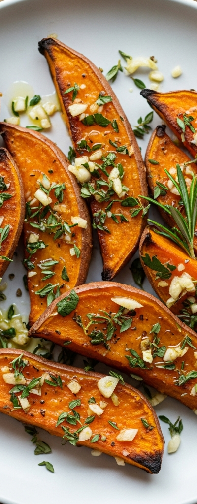 Roasted Sweet Potato Wedges with Garlic and Herbs
