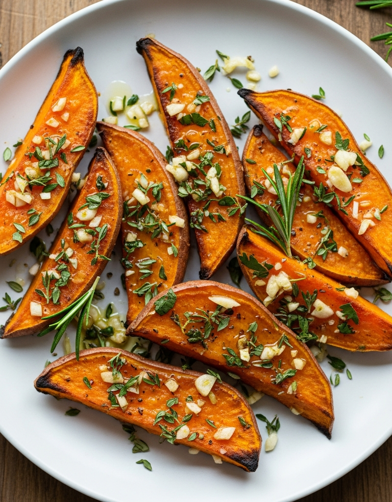 Roasted Sweet Potato Wedges with Garlic and Herbs