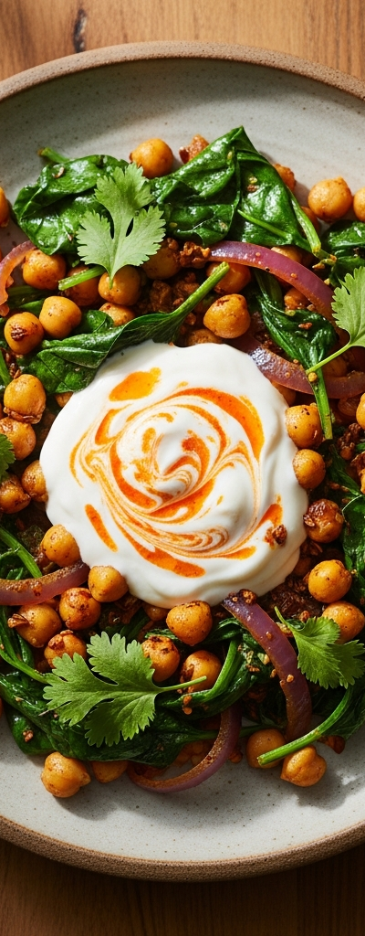 Chickpea and Spinach Stir Fry with Yogurt Sauce