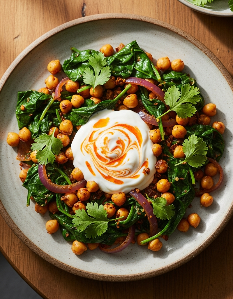 Chickpea and Spinach Stir Fry with Yogurt Sauce