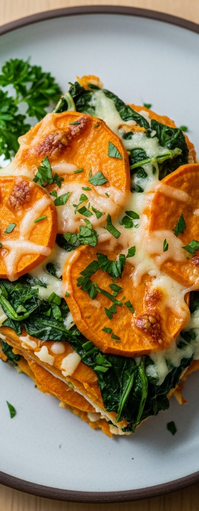 Cheesy Sweet Potato and Spinach Gratin