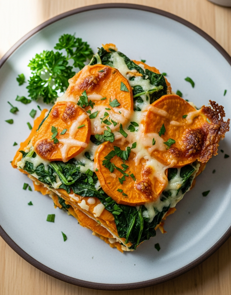 Cheesy Sweet Potato and Spinach Gratin