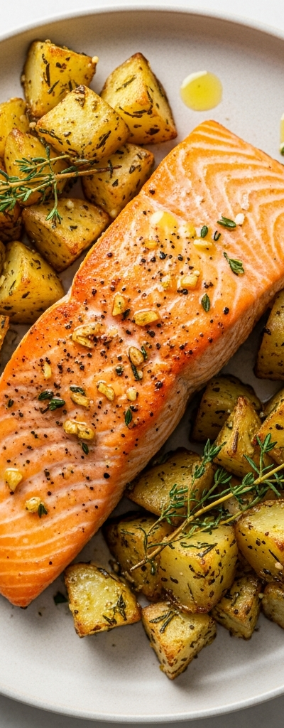 Roasted Salmon with Garlic Herb Potato Chunks
