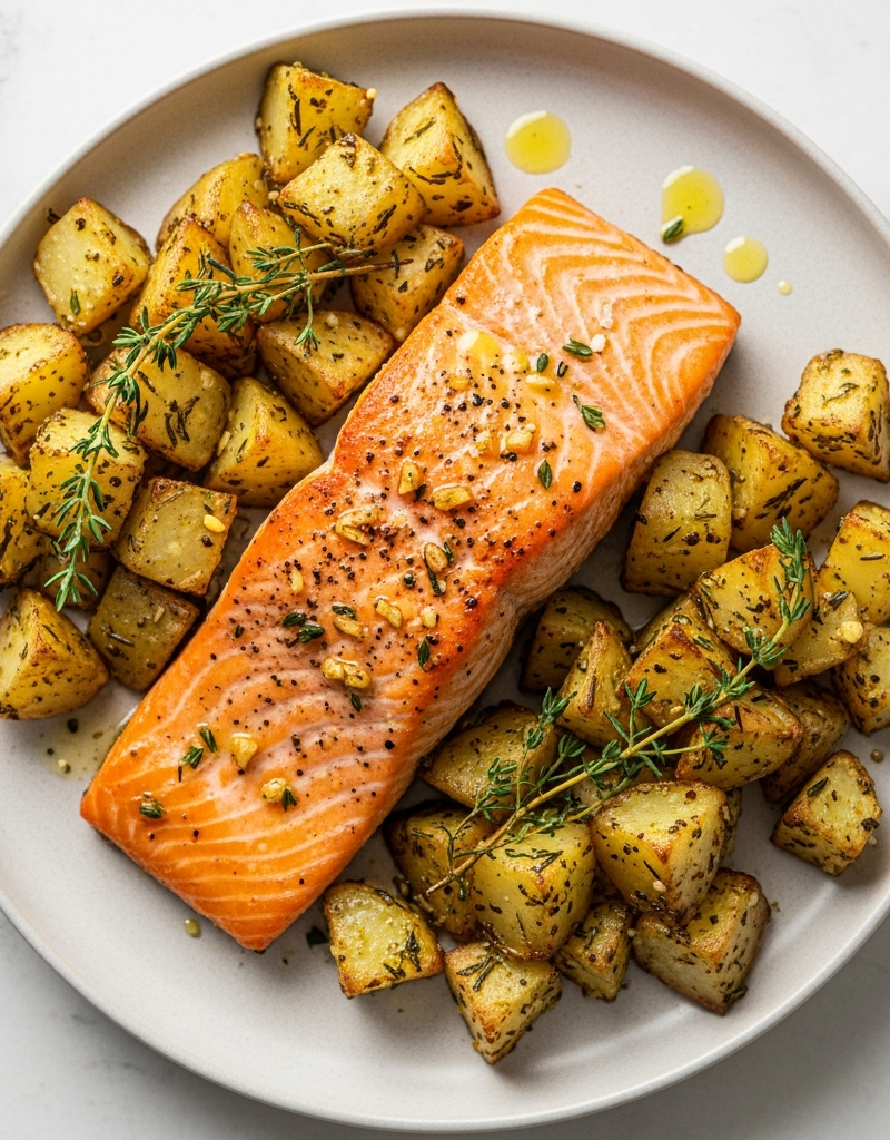 Roasted Salmon with Garlic Herb Potato Chunks