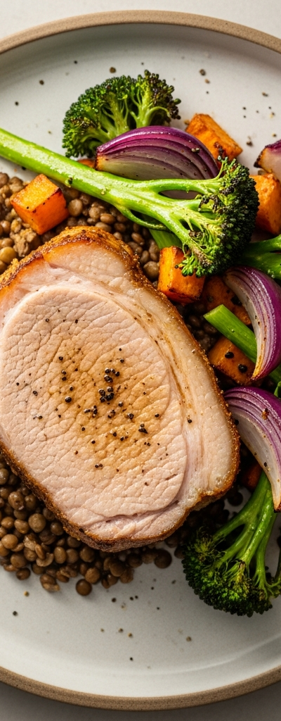 Pork Loin with Roasted Vegetables and Lentils