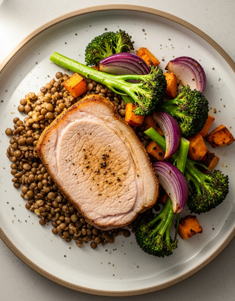 Pork Loin with Roasted Vegetables and Lentils