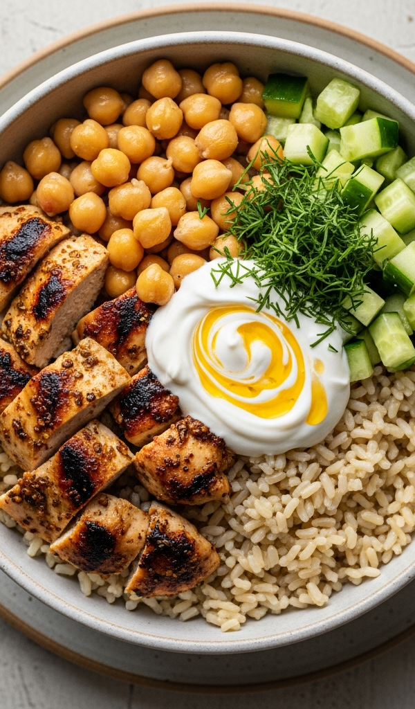 A bowl of chicken and chickpeas with vegetables and grains