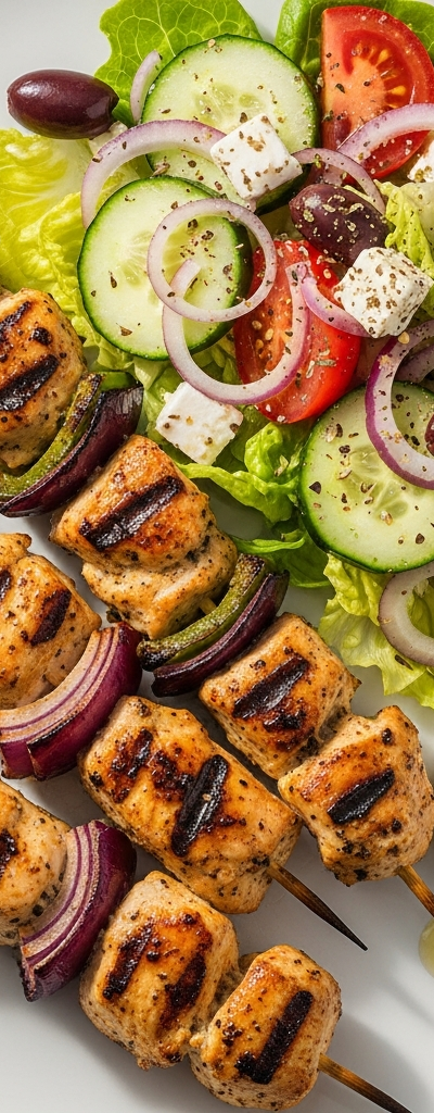 Chicken Souvlaki with Greek Salad