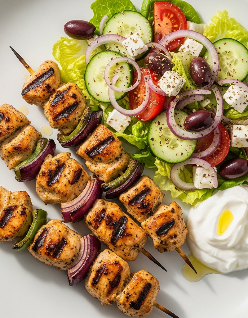 Chicken Souvlaki with Greek Salad