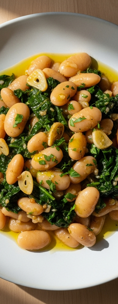 Olive Oil Braised Butter Beans with Greens