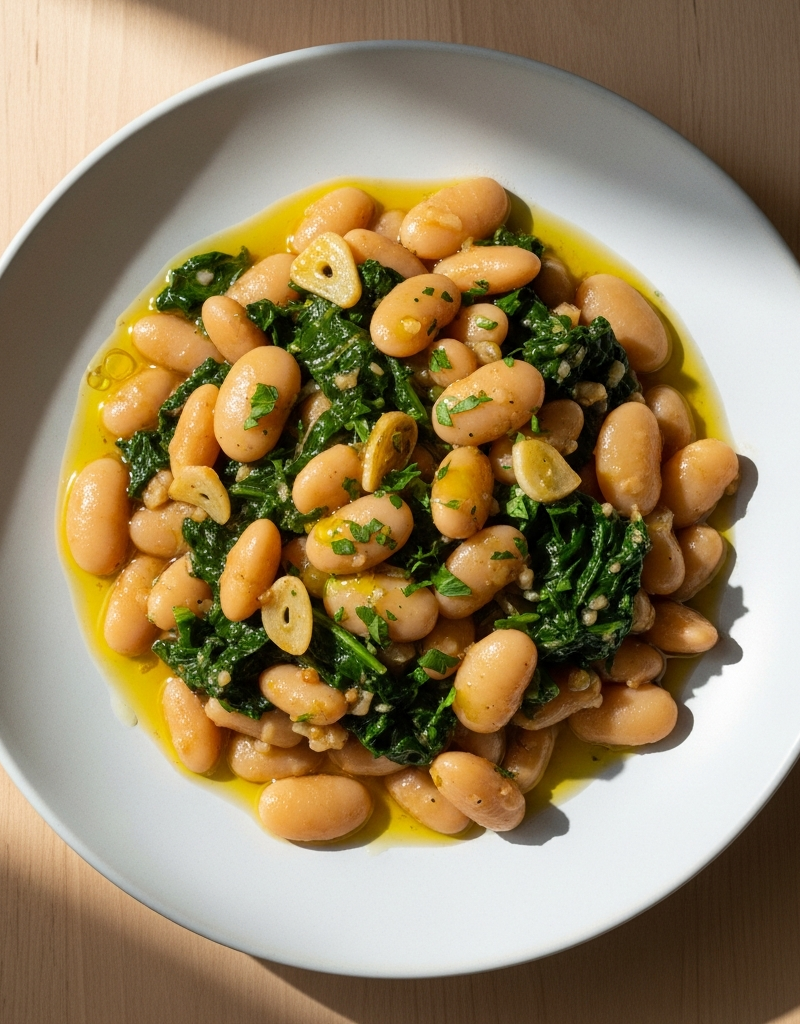 Olive Oil Braised Butter Beans with Greens