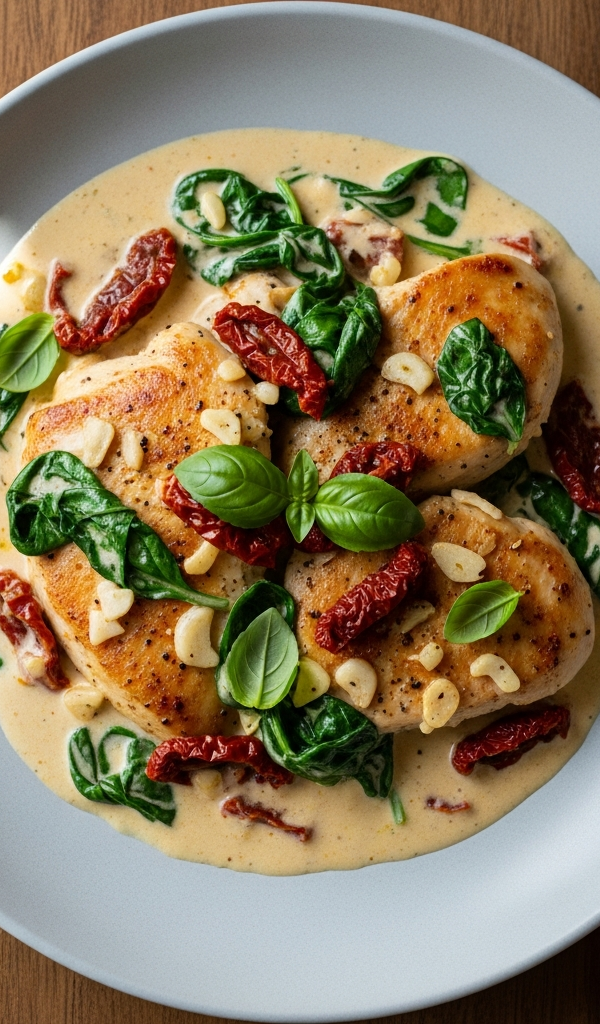 A pan of creamy Tuscan chicken with spinach