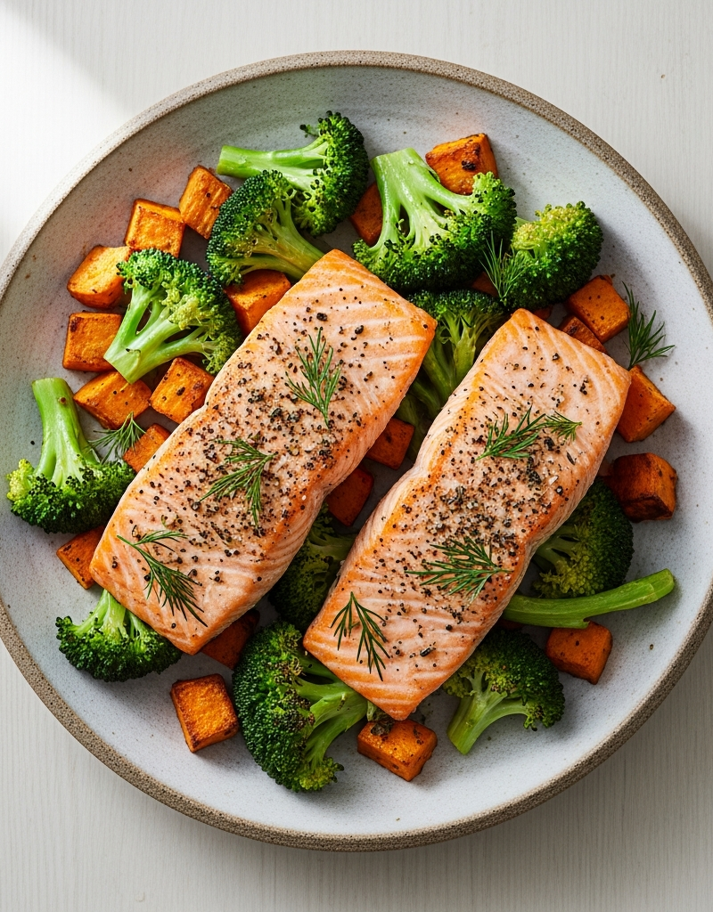 Sheet-Pan Salmon with Broccoli and Sweet Potato