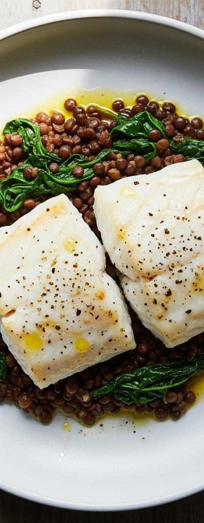 Baked Cod with Lentils and Greens