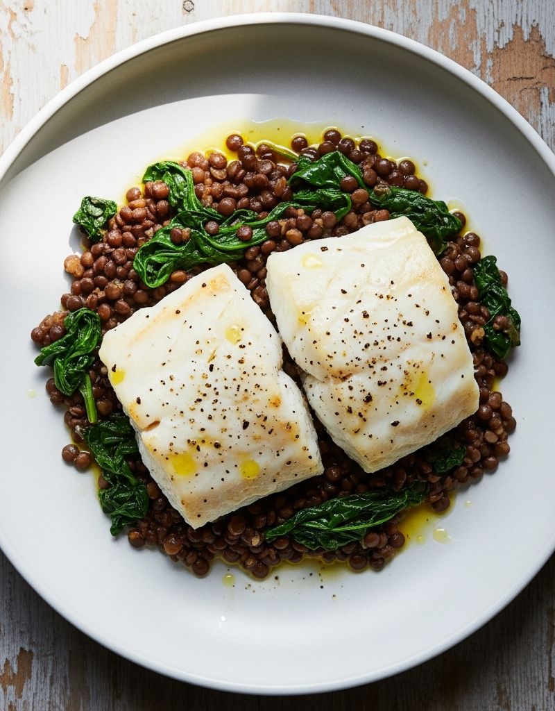 Baked Cod with Lentils and Greens