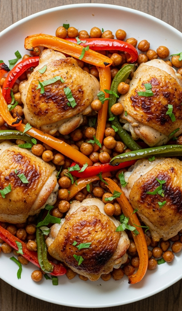 A sheet pan of roasted chicken thighs with chickpeas and vegetables
