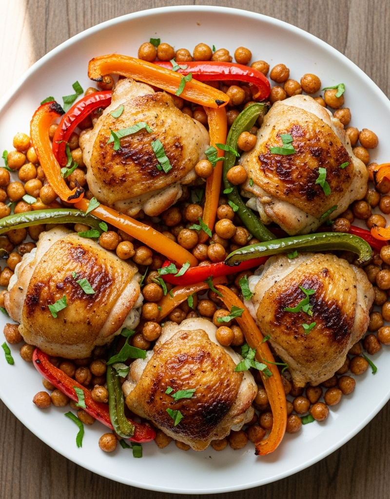 A sheet pan of roasted chicken thighs with chickpeas and vegetables