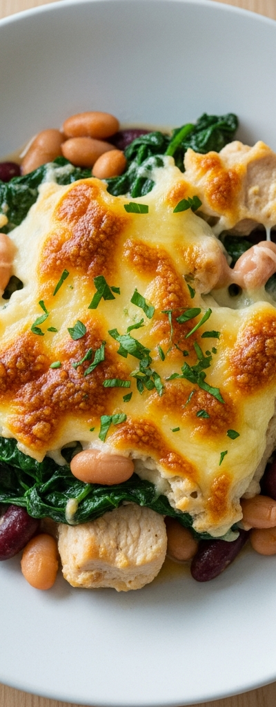 Chicken and Spinach Gratin with Beans