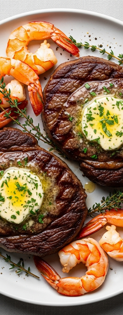 Seared Ribeye Steak with Herb Butter and Shrimp