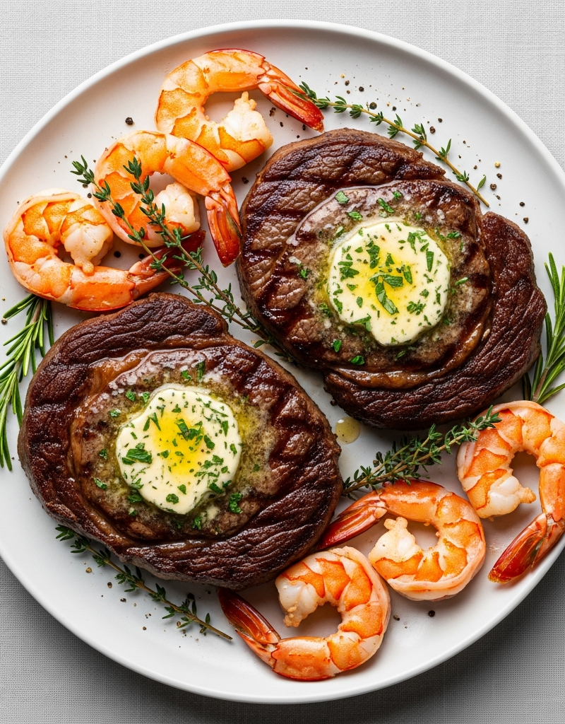 Seared Ribeye Steak with Herb Butter and Shrimp